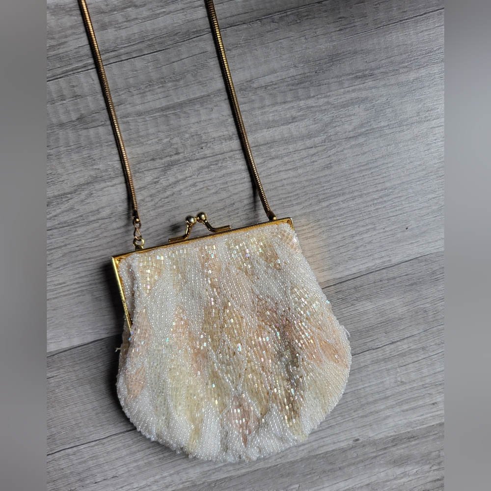 Vintage Hand Made Iridescent Beaded Mini Purse with a very long ch